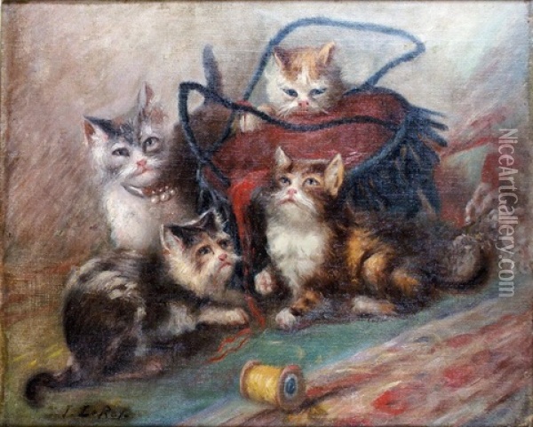 Les Chatons Jouant Oil Painting - Jules Leroy