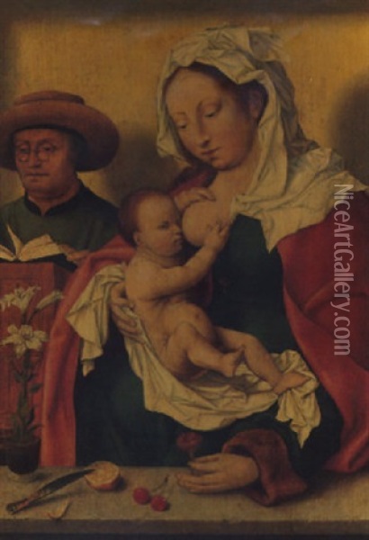 The Holy Family With Saint Joseph Reading And The Virgin Suckling The Christ Child Oil Painting - Joos Van Cleve