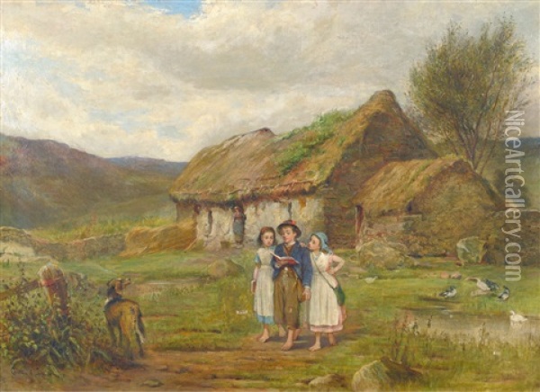 Three Children And A Dog Beside A Scottish Croft Oil Painting - Carlton Alfred Smith
