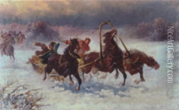 Troika Pursued By Troops Oil Painting - Adolf (Constantin) Baumgartner-Stoiloff
