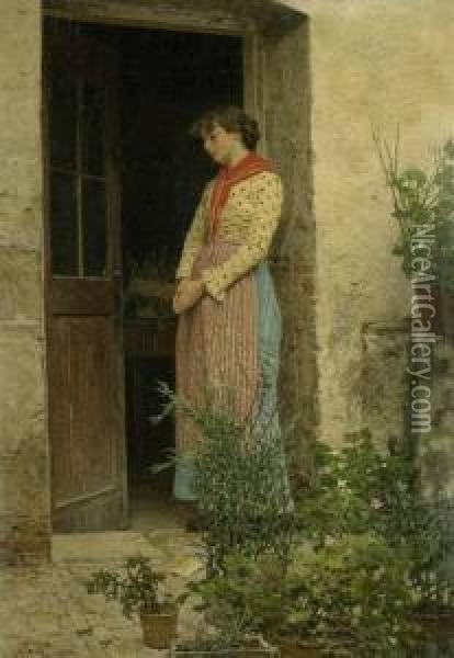 Junge Frau In Landlicher Tracht An Der Tur Eines Bauernhausesstehend Oil Painting - Pietro Pajetta
