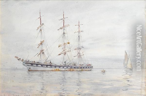 A Three-masted Windjammer Lying At Anchor In The Roadstead Oil Painting - Henry Scott Tuke