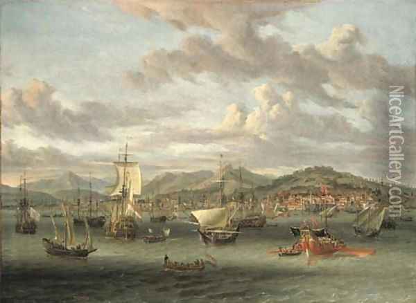 Dutch shipping off the Bay of Smyrna with a state barge Oil Painting - Abraham Storck