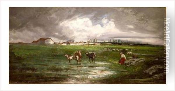 Vaches Et Paysanne Oil Painting - Fleury Chenu
