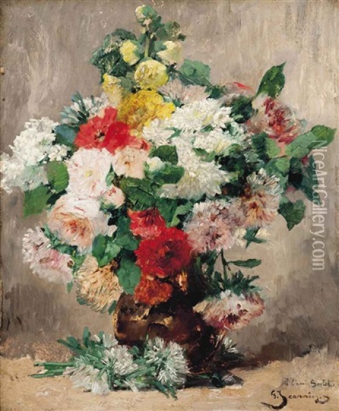 Roses, Chrysanthemums And Other Summer Blooms In A Vase Oil Painting - Georges Jeannin