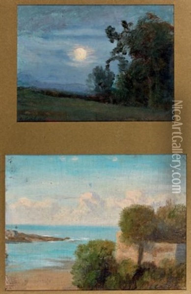 Paysage (2 Works) Oil Painting - Nicolas Louis Cabat