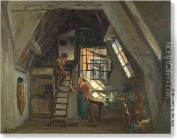 Domestic Scenein The Attick. Oil Painting - Jef Louis Van Leemputten