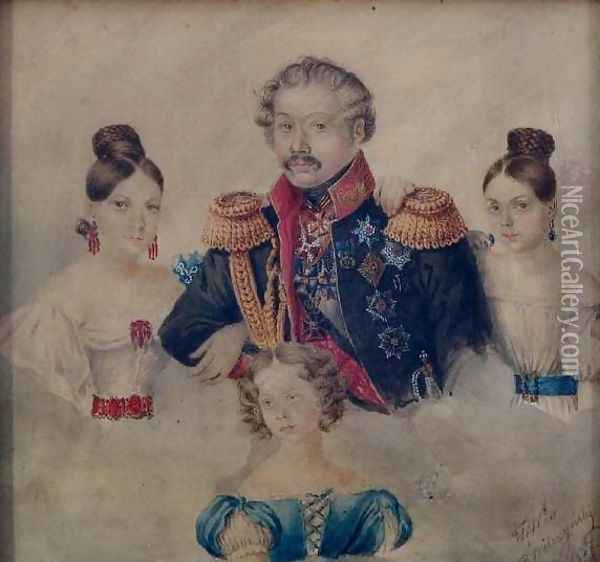Russian Officer and His Daughters Oil Painting - Roman Wilczynski