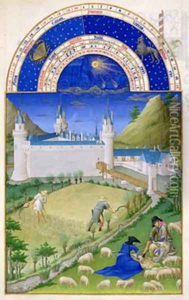 July harvesting and sheep shearing by the Limbourg brothers from the Tres Riches Heures du Duc de Berry Oil Painting - Pol de Limbourg