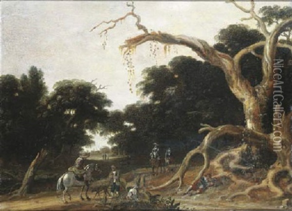 A Wooded Landscape With A Hunting Party Oil Painting - Joachim Govertsz
