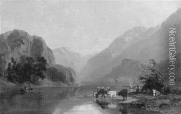 Hirtin Mit Vieh An Einem Bergsee Oil Painting - Gustave Jeanneret