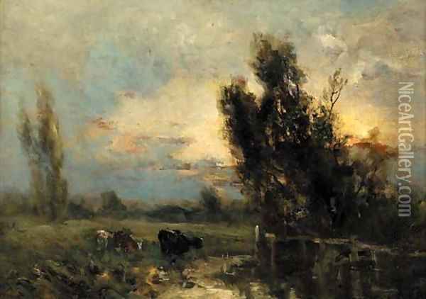 Cattle watering at dusk Oil Painting - George Boyle