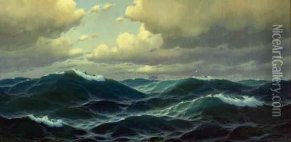 Coastal Waves With Distant Clipper Ship Oil Painting - Constantin Alexandr. Westchiloff