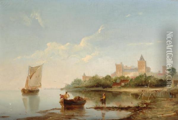 Riverscape On A Sunny Day Oil Painting - Cornelis Christiaan Dommersen