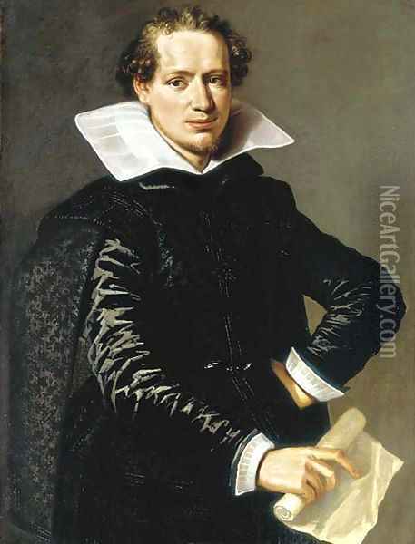 Portrait of a gentleman, three-quarter-length, in a black doublet holding a letter Oil Painting - Flemish School