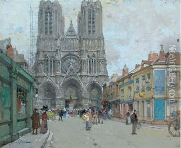 Rue Animee Devant La Cathedrale Oil Painting - Eugene Galien-Laloue