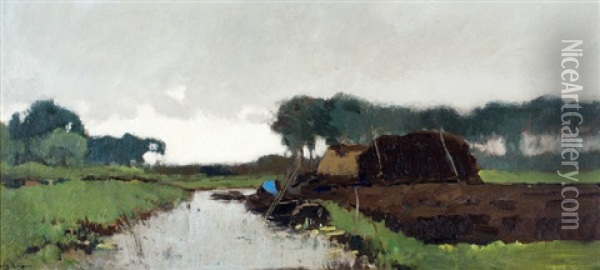 Polderlandschap Met Boer In Sloep Oil Painting - Cornelis Kuypers