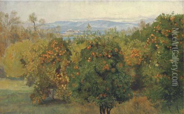 View Of The Citadel, Corfu, With An Orange Grove In Theforeground Oil Painting - Edward Lear