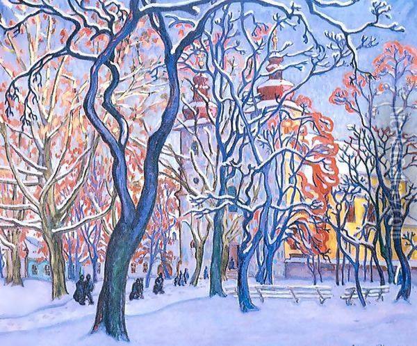 Snowy Square 1910 Oil Painting - Sidney Harold Meteyard