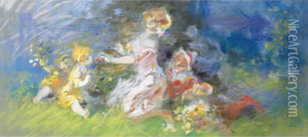 Femmes Et Enfants Cueillant Des Fleurs Oil Painting - Jules Cheret