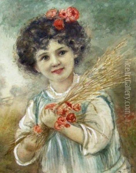 Young Girl Gathering Wheat Oil Painting - Earl Haigh