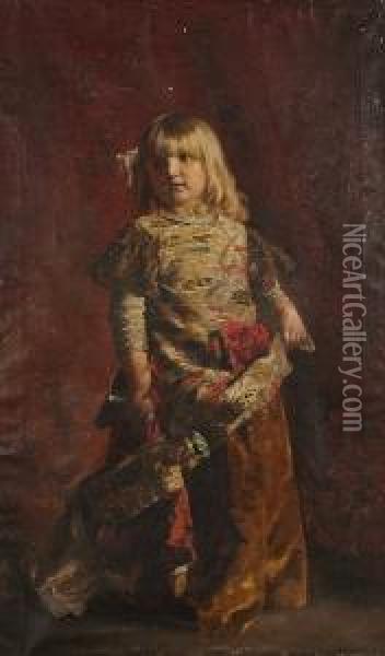 Portrait, Full Length, Of A Young Girl Holding An Unusual Doll Oil Painting - Johannes Raphael Wehle