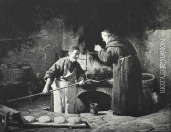 Depicting Two Monks In A Kitchen Roasting A Pig And Baking  Bread Oil Painting - Adolf Humborg