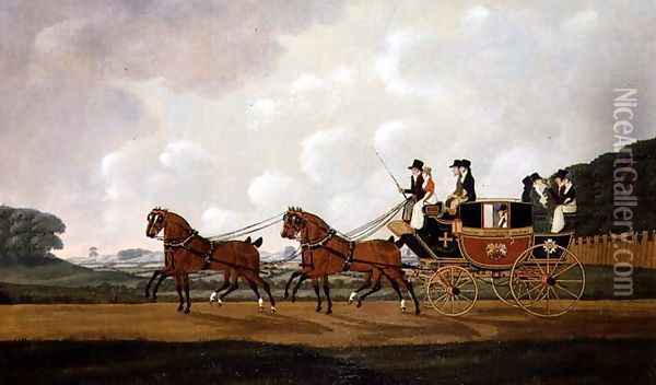Messrs. Richard Costar and Christopher Ibberson's Ludlow to Worcester Mail Coach on the Road, 1811 Oil Painting - John Cordrey