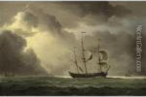 A Man-of-war And Other Shipping In An Approaching Storm Oil Painting - Charles Brooking