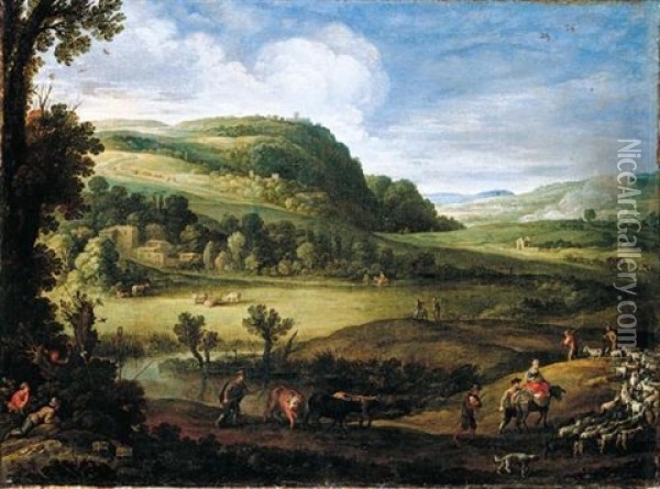 An Extensive Landscape With Herders Guiding Their Goats And A Man Attempting To Trap Birds In The Foreground Oil Painting - Paul Bril