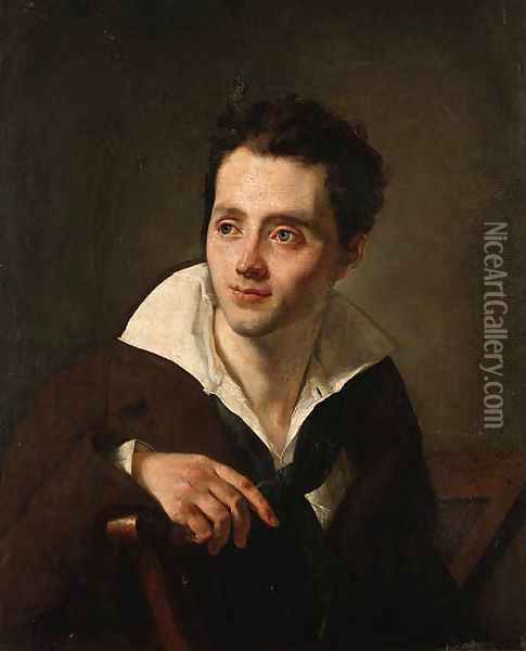 Portrait of a young man, half-length seated, in a white shirt and brown coat Oil Painting - Anne-Louis Girodet de Roucy-Triosson