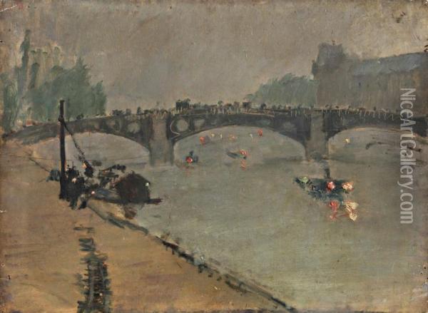  Le Pont Du Carrousel Au Crepuscule  Oil Painting - Luigi Loir