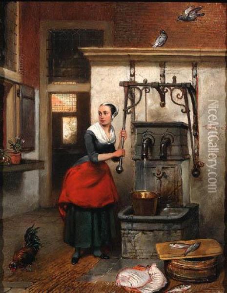 A Maid In A Courtyard Tapping Water From A Well Oil Painting - Hubertus, Huib Van Hove
