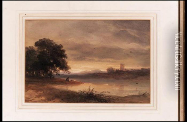 A Fisherman On A River With A Castle And Mountains Beyond Oil Painting - Thomas Miles Richardson