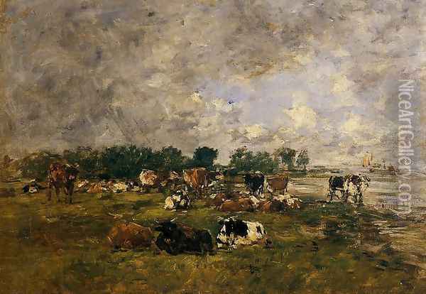Cows in the Fields Oil Painting - Eugene Boudin