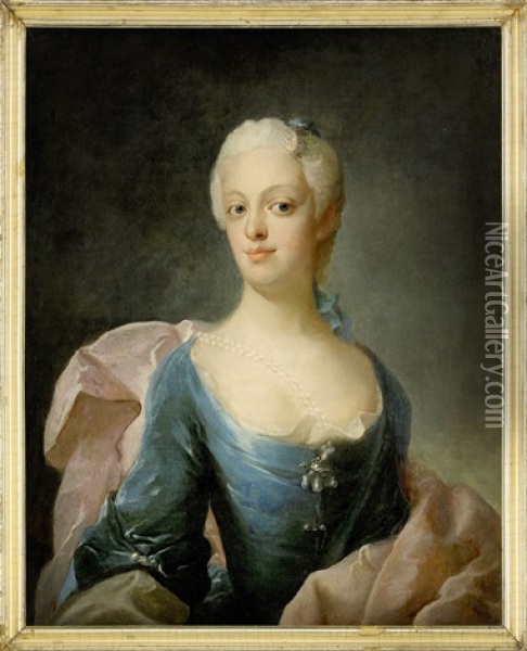 Portratt Av Grevinnan Christina Beata Stackelberg I Blagron Klanning Och Rosa Sjal - Midjebild Oil Painting - Johann Henrik Scheffel