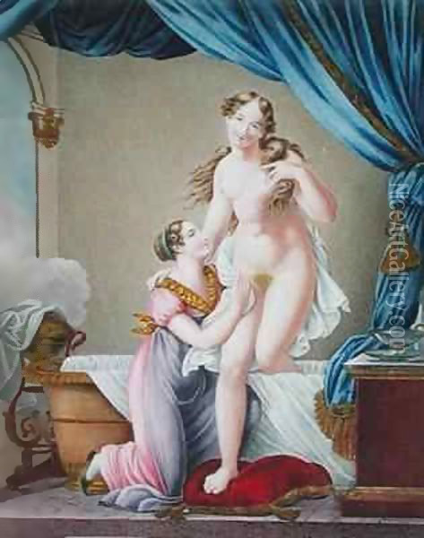 Woman Getting Out of her Bath, assisted by her Maid Oil Painting - Blaizot