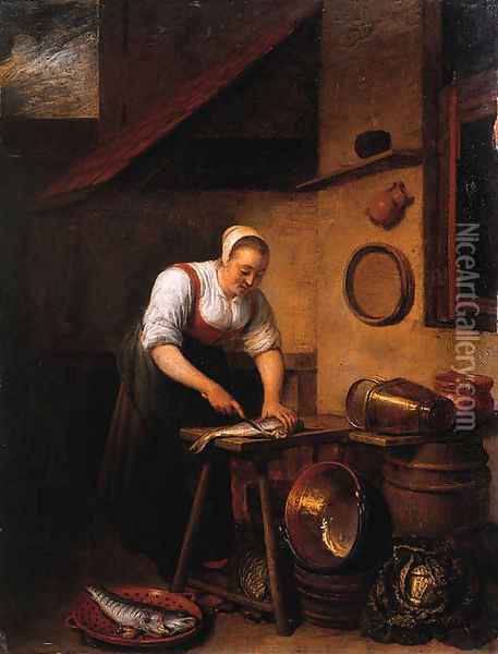 A maid standing by a table cleaning fish, pots, pans and cabbages on a barrel nearby, in a farmyard Oil Painting - Hendrick Maertensz. Sorch (see Sorgh)