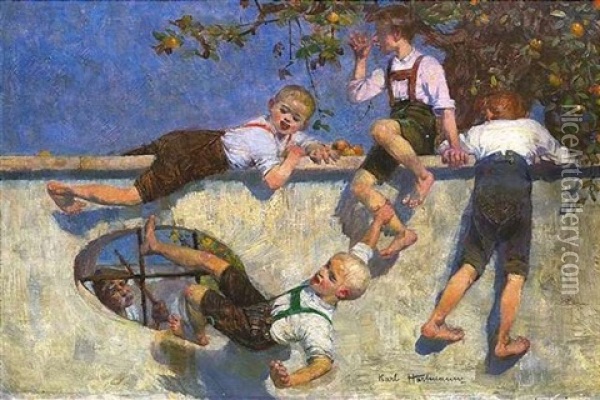Die Kleinen Apfeldiebe Oil Painting - Karl Hartmann