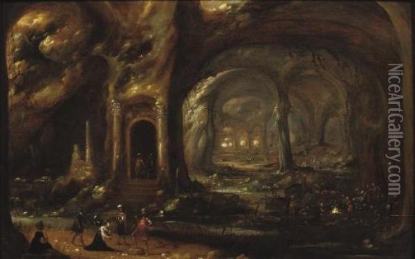 An Extensive Cave With Soldiers Holding Prisoner Oil Painting - Rombout Van Troyen
