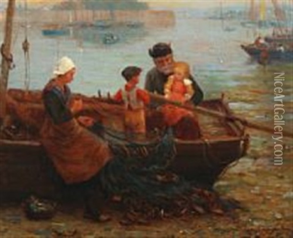 A Bretagne Scene With A Fisherman And His Family Oil Painting - Alfred Guillou