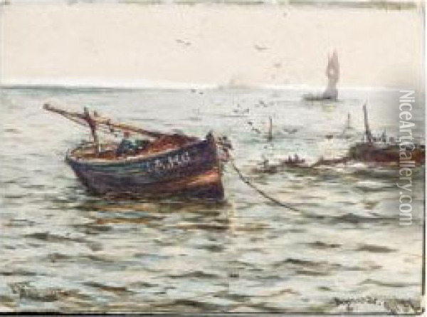 Fishing Boat At Anchor; Yacht Off The Coast Oil Painting - James MacMaster
