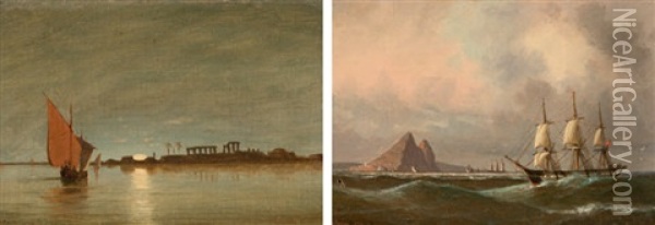 Nillandschaft Mit Dreimaster Und Blick Auf Pyramiden (+ Nillandschaft Mit Segelboot Bei Sonnenuntergang; Pair) Oil Painting - Heinrich Leitner