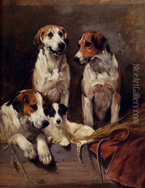 Three Hounds With A Terrier Oil Painting - John Emms