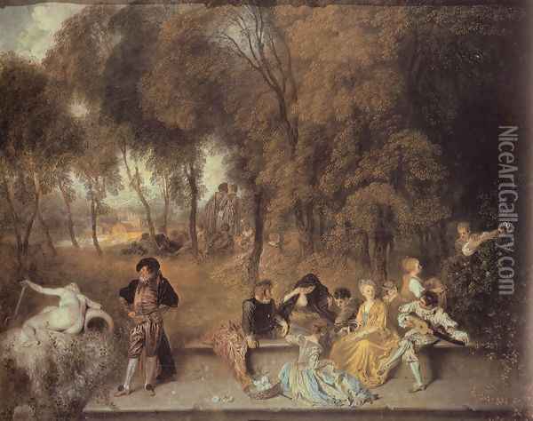 Reunion en plein air (Meeting in the open air) Oil Painting - Jean-Antoine Watteau