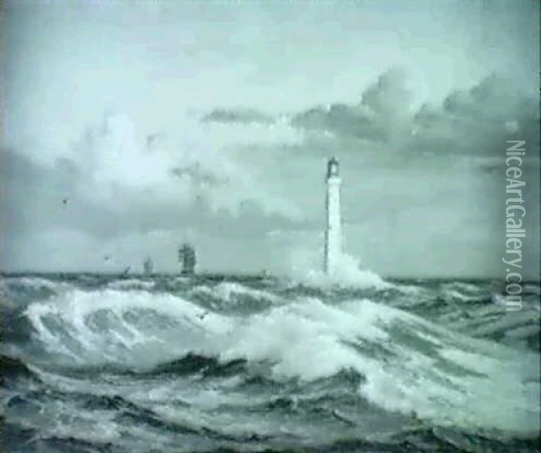 Oprort Hav, Skibe Pa Havet, I Forgrunden Fyrtarn Oil Painting - Vilhelm Karl Ferdinand Arnesen
