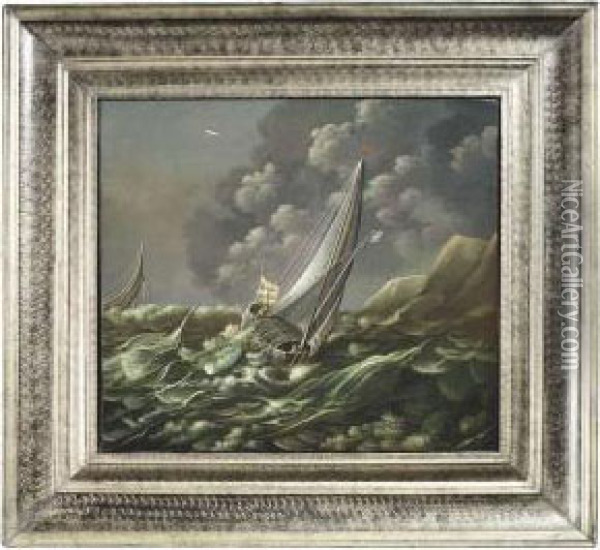 Ships On Stormy Sea Oil Painting - Jan Porcellis