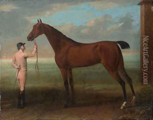 Coquette, a Bay Mare, held by a Groom, beside the King's Stables at Newmarket, near the Finish of the Beacon Course Oil Painting - John Wootton