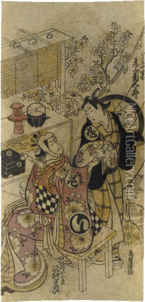 Onoe Kikugoro I As Katanaya Hanshichi And Sawamura Sigenoi I As Izutsuya Ohana Oil Painting - Torii Ii Kiyomasu