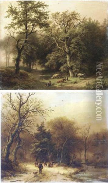 Een Boomrijk Zomerlandschap: 
Along A Forest Path In Summer; And Eenboomrijk Landschap Bij Winter: 
Figures By A Stream In Winter Oil Painting - Barend Cornelis Koekkoek